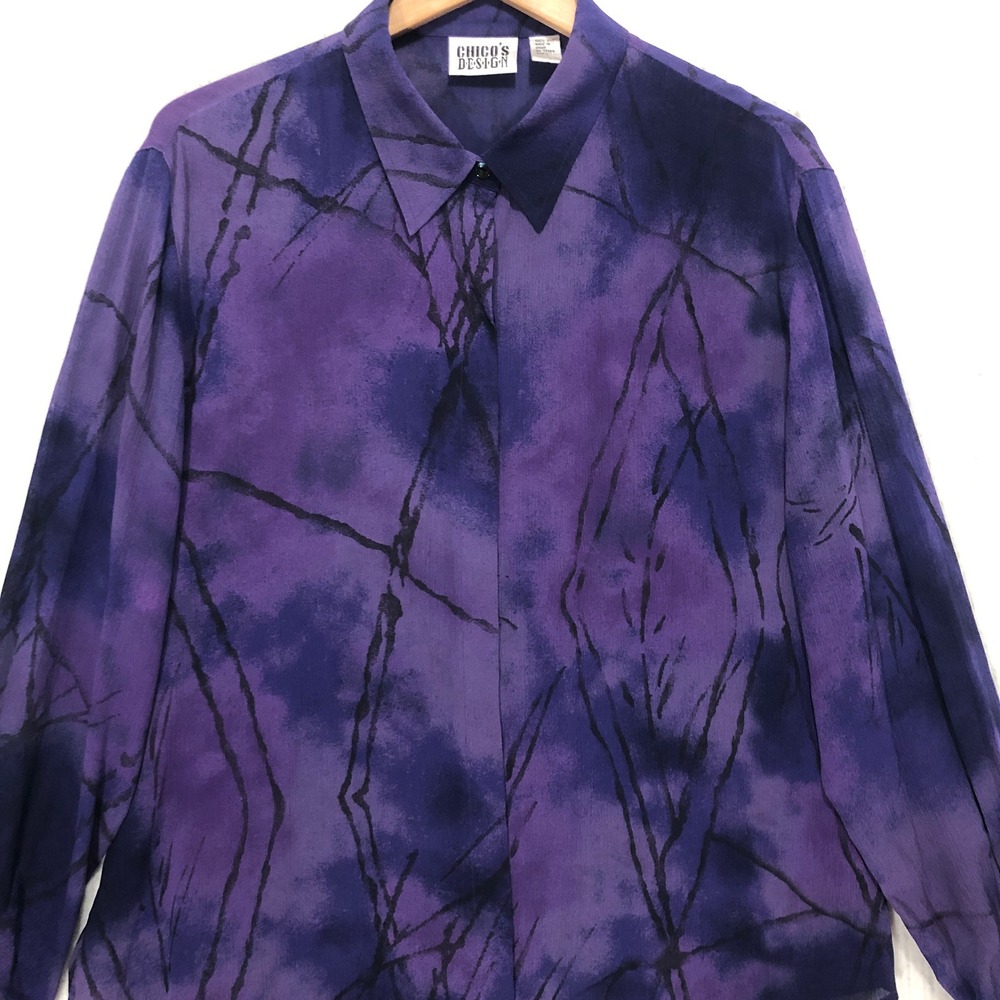 Chicos Design Purple Abstract Tie Dye 100% Silk‎ Button Down Blouse Size 2 Large